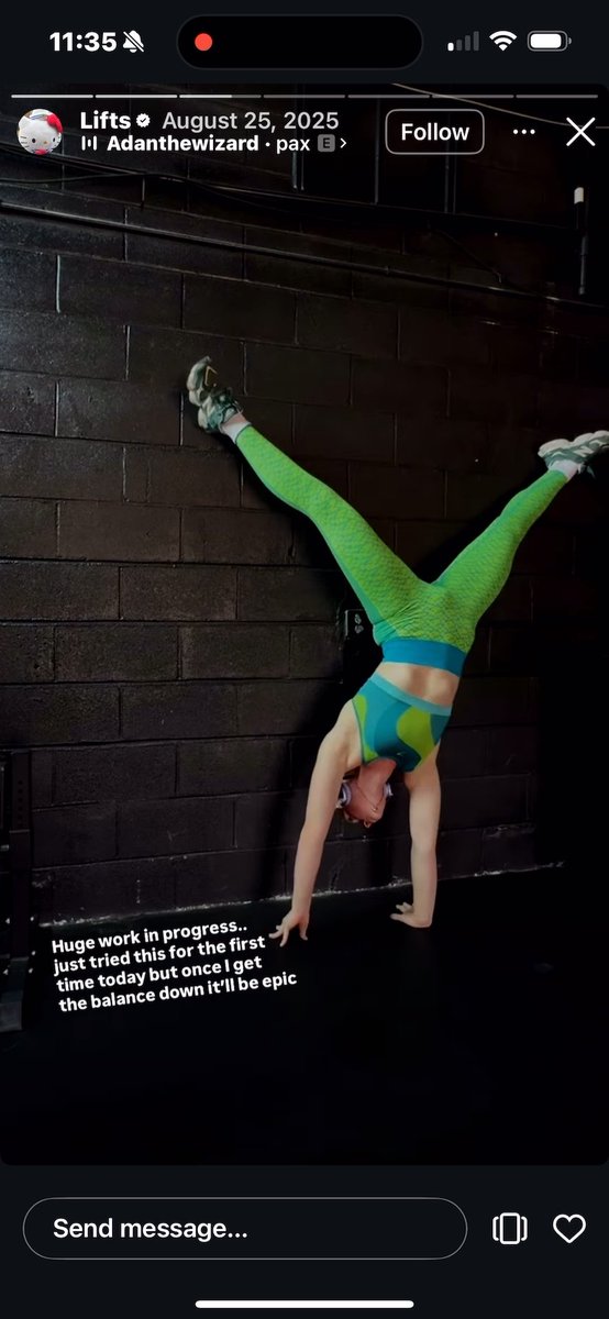 Social media screenshot from user 'Adanthewizard' dated August 25, 2025, showing a person doing a handstand against a brick wall in green leggings and teal/green shorts, with caption about working on handstand balance.