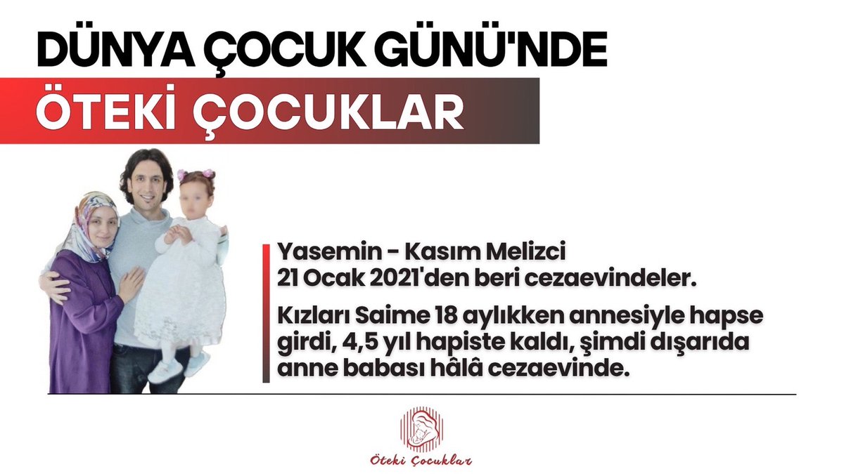 enisicelis's tweet photo. Dünya Çocuk Günü'nde 19 aylık Kerem annesi Türkan Alemdar ile hapse girdi. Saime ise 18 aylıkken girdiği hapisten 4,5 yıl sonra çıktı, ama anne babası Yasemin ve Kasım Melizci hâlâ içerde. Bu çocuklar sadece öteki değil, BuMemleketin Çocukları. Seslerini duyuyor musunuz? https://t.co/7m9YLFcSaT