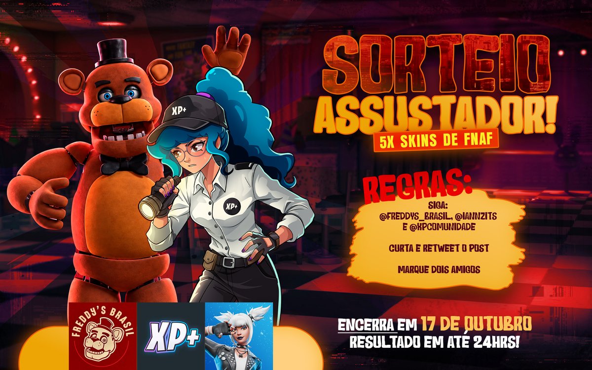 Freddys_Brasil's tweet photo. 🐻🍕 | FNAF CHEGOU AO FORTNITE E TEM SORTEIO! Quer garantir uma skin de FIVE NIGHTS AT FREDDY'S no FORTNITE? 👀

Estamos sorteando 5 TRAJES da colaboração, com 5 ganhadores! Para participar:

REGRAS:
✅ Siga @Freddys_Brasil, @iannzits e @XPcomunidade
🔁 Curta e dê RT neste post
💬 Marque 2 amigos

⏰ O sorteio termina em 17 de outubro, às 19h BRT.
📢 O resultado será divulgado em até 24 horas.

Boa sorte! 🐻🔥

#FNAF #FiveNightsAtFreddys