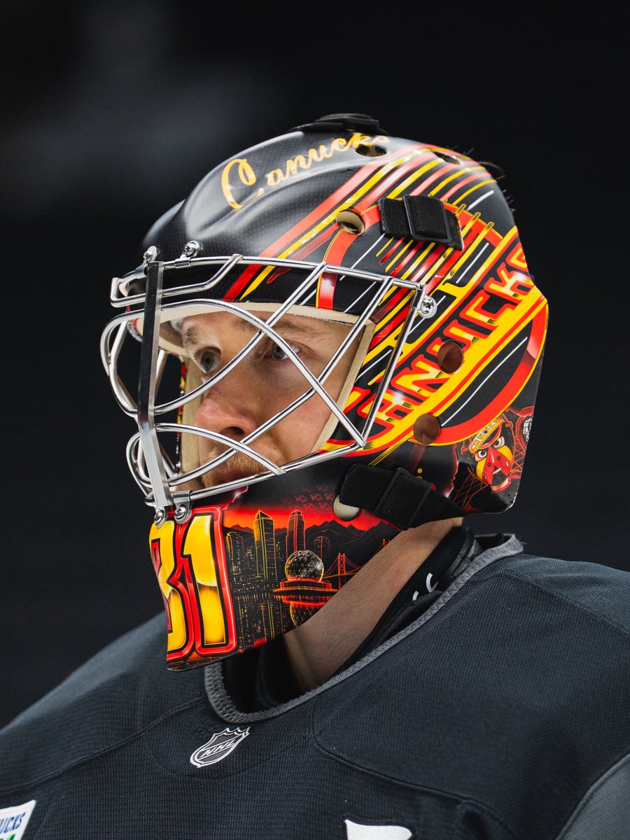 Canucks's tweet photo. A maskerpiece. 🎨

New lid for Meriläinen. https://t.co/RI7wf4ETtX