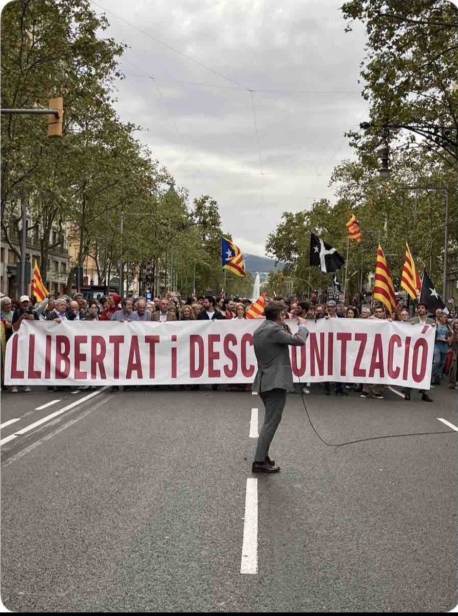 Pere_Catalonia's tweet photo. A aquesta hora encara no he trobat cap  crònica a VilaWeb, Ara, El Nacional, La Vanguardia ni TV3, sobre la #Manifestació.
El missatge no encaixa en l’agenda dels mitjans subvencionats. 
Aquest mateix cap de setmana, els talls d’habitatge surten amb xifres de l’Ajuntament (uns 800 entre Meridiana i pl. Espanya; el 28-S, fins a 2.000 a la Diagonal). Els vídeos que he vist no arriben ni de bon troç a aquesta xifra. Però hi ha una entitat al darrera i un relat instal·lat, i això sí que és notícia. Una columna que talla Pg. de Gràcia–i- Av.Diagonal amb aquest lema "Llibertat i Descolonització", no és notícia. Si ni la via tallada mereix una línia, ja no és només una qüestiò de mida: és que no es vol explicar.