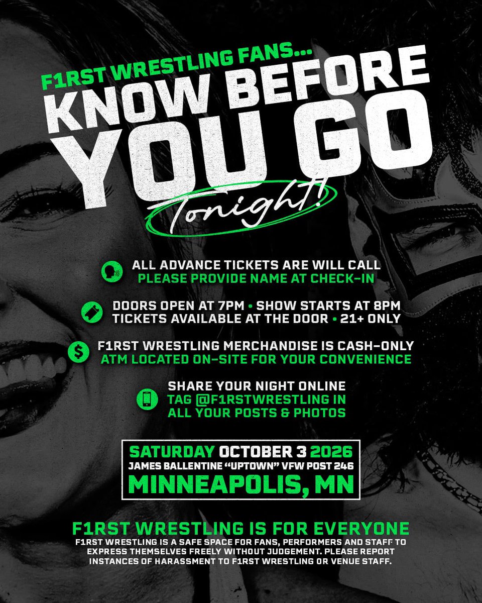 f1rstwrestling's tweet photo. ❗️𝐓𝐎𝐍𝐈𝐆𝐇𝐓 ❗️

⚠️F1RST Wrestling: 𝑼𝑵𝑳𝑬𝑨𝑺𝑯𝑬𝑫⚠️
@UptownVFW | Minneapolis, MN
Doors 7pm | Show 8pm | 21+ Event

🎟️ Online sales end at 5pm CST!
👉🏻 https://t.co/Z5qGDgZvvM 

🚪 Tickets will be available at the door. https://t.co/mkGsFcr4q1