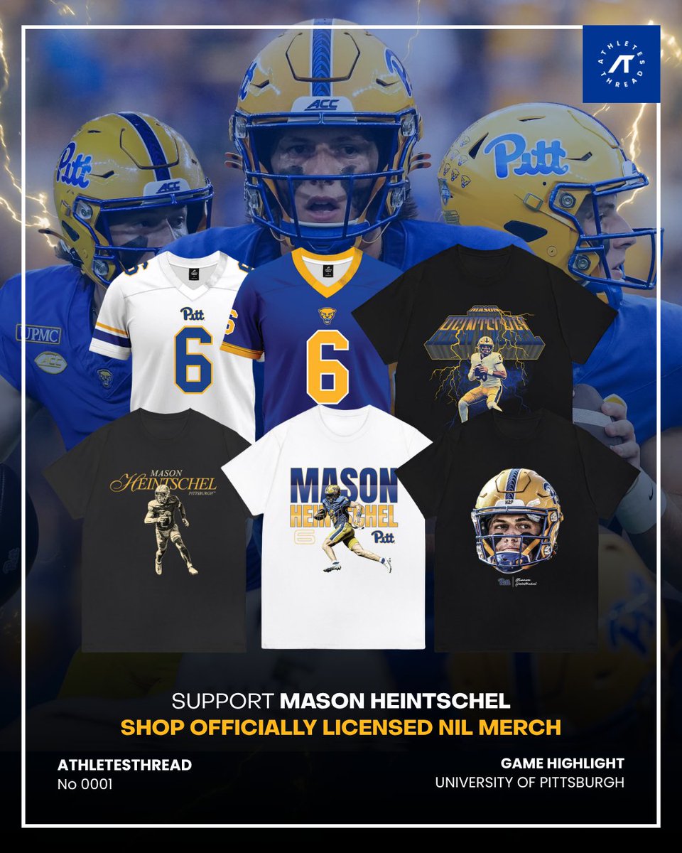 PantherThreads's tweet photo. 30 career touchdown passes and counting. ⚡💛 This athlete continues to build a legacy at Pitt, and the numbers speak for themselves.

Swipe to shop officially licensed NIL merch and support Mason Heintschel. 🏈

https://t.co/678b9yUyg1 https://t.co/y3jLpJQ5HZ