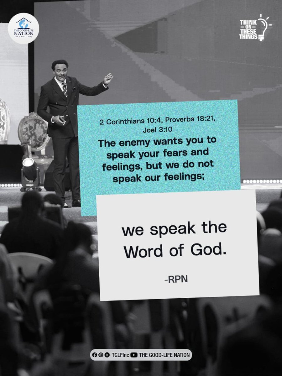 TGLFInc's tweet photo. 2 Corinthians 10:4, Proverbs 18:21, Joel 3:10
The enemy wants you to speak your fears and feelings, but we do not speak our feelings; we speak the Word of God. -RPN

#RPN
#APeopleCome https://t.co/SoOz9A4tGO
