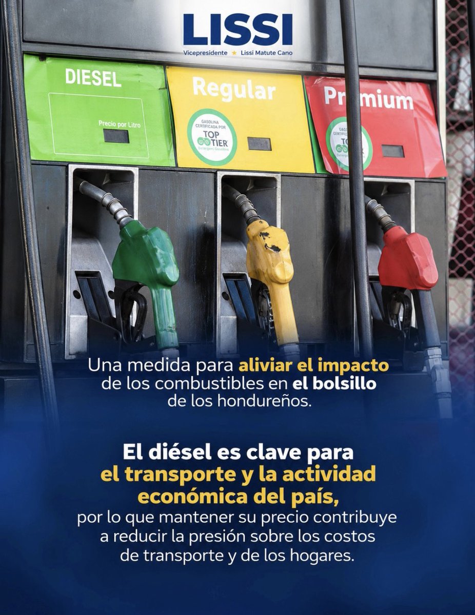 LissiCano's tweet photo. Una medida orientada a aliviar el impacto de los precios de los combustibles en la economía de las familias hondureñas. 🇭🇳

El diésel desempeña un papel fundamental en el transporte, la producción y la actividad económica del país. Por ello, esta medida busca contribuir a reducir la presión sobre los costos de transporte, alimentos y otros bienes y servicios que inciden directamente en el presupuesto de los hogares.

Ante un escenario internacional que continúa generando presiones sobre los precios de los combustibles, se toman acciones encaminadas a proteger la economía de los hondureños y brindar mayor estabilidad a las familias.

Reconocemos el impulso del presidente Nasry Asfura a esta medida, enfocada en atender las necesidades de los hondureños y fortalecer la economía nacional. 🇭🇳
