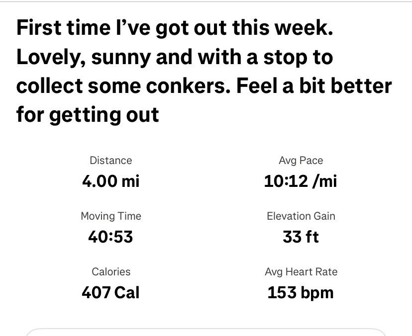 katiecakey123's tweet photo. A run and a walk for Saturday. It’s been a really tough few weeks at work. Running and the gym have both fallen off a cliff. Only managing to do stuff at a weekend. Wasn’t sure I wanted to go but glad I did. #runninggirl #justkeeprunning #saturdayvibes https://t.co/Qj3OETYD4r