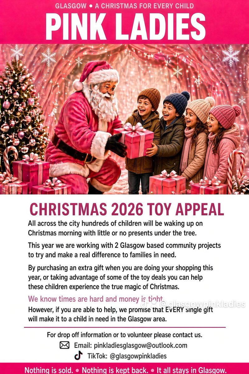 debsC1978's tweet photo. PLEASE SHARE 

💖PINK LADIES GLASGOW CHRISTMAS TOY APPEAL 2026💖

💖Rather than run our own toy appeal, we have decided to support two fantastic local groups, Glasgows No 1 Baby & Family Support Service, and SCA Christmas Appeal this year. 

These groups are supporting families across the city and we want to help them as much as we possibly can. 

All toys and donations that we collect will be given to them to distribute to families that need it most. 

Everyone is feeling the pinch, however if you can help with toys and or donation’s, please contact us. 

Let’s put a little magic back in these kids lives. 💖💖 @CllrDempsey @ScottishCA