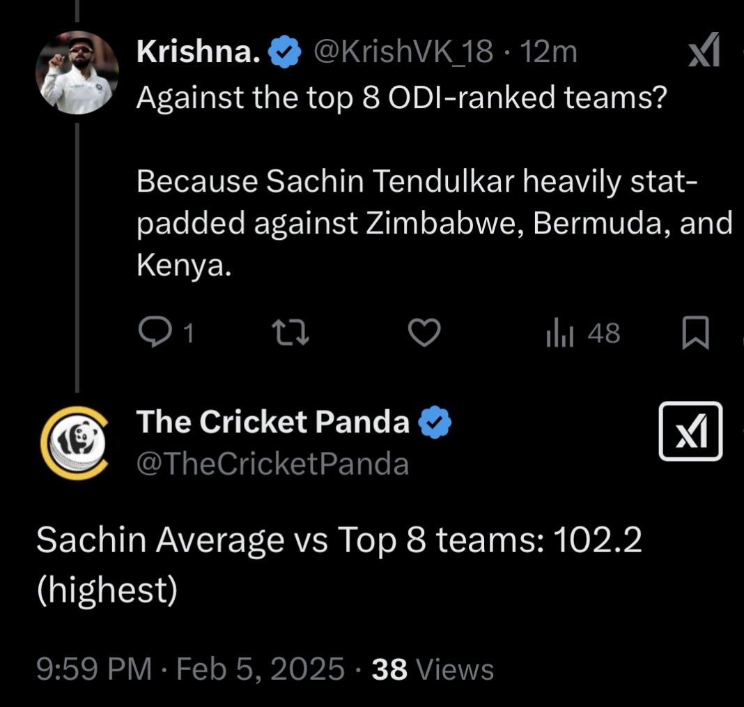 Loyalsachfan10's tweet photo. Just an average ODI cricketer with a 102.2 average against top teams. 😭

Imagine Sachin Tendulkar batting on today's flat pitches with dew under lights.

The excuses would have been legendary. 😂 https://t.co/OsbJGAgbBb