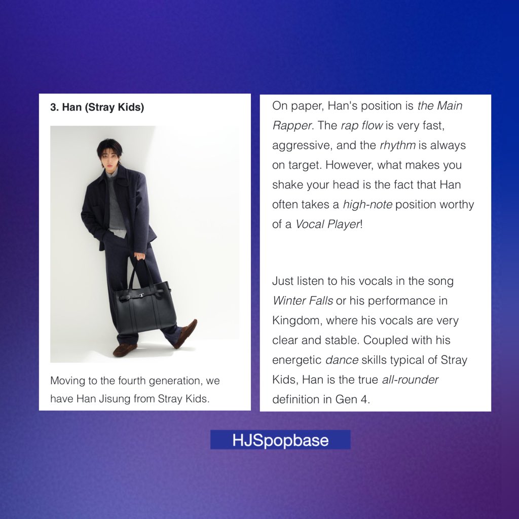 hjspopbase's tweet photo. Cosmopolitan Indonesia has named #HAN Jisung the 4th generation Ace and ranked him third overall in K-pop

“On paper Han’s position is main rapper, However what makes you shake your head is the fact that he often takes on high note parts. He is the true definition of all rounder” https://t.co/EvdZ0oTk9c
