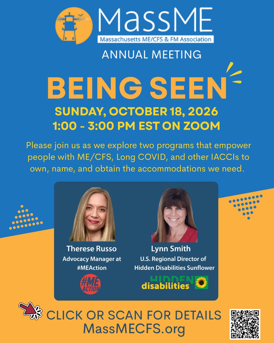 MassMECFS's tweet photo. 1/2  We are excited to announce Being Seen, our Annual Meeting featuring Therese Russo, Advocacy Manager at #MEAction @meactnet and Lynn Smith, U.S. Regional Director of Hidden Disabilities Sunflower @sunflowerlanyardscheme 
 
All are welcome! https://t.co/OvHQGCF6TW