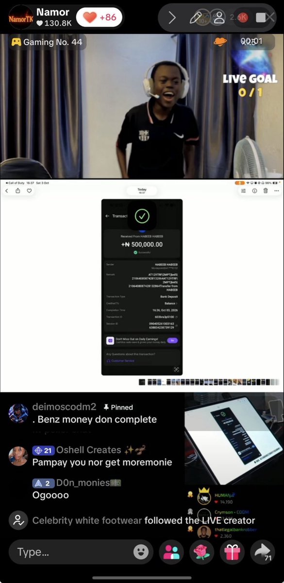 streamerpulse_'s tweet photo. Peller spotted a CODM player sitting on just 10 views, dropped his TikTok, and raided him straight to 2k views. 🥳🔥He hopped in, played with him and turned it into a real, genuine moment. 🎮
Then he blessed the guy with ₦500K. 💰❤️
I never see where Carterefe press person money for stream.? 😂
Ogo dey for everybody. ❤️