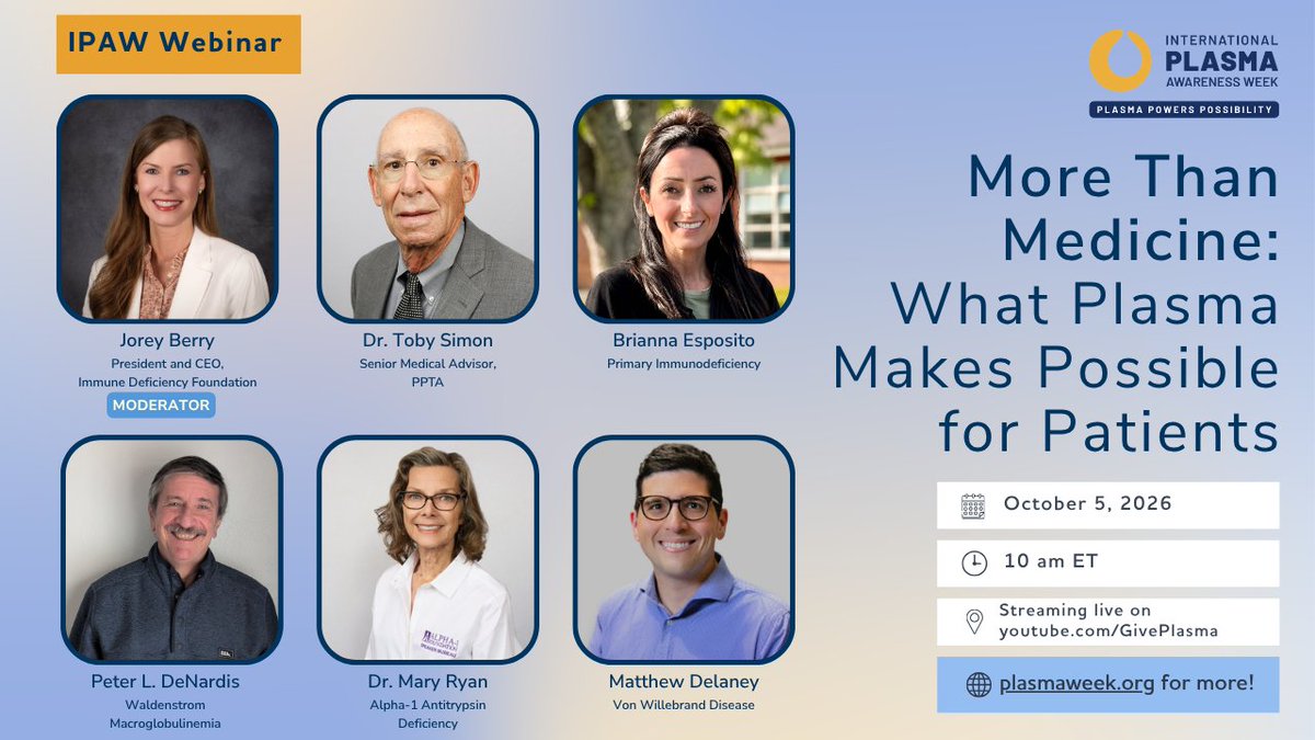 AlphaFriend's tweet photo. Kick off International Plasma Awareness Week, October 5–9, with “More Than Medicine: What Plasma Makes Possible for Patients” on October 5th at 10 am ET! The webinar will feature Dr. Mary Ryan, an Alpha-1 patient and member of the A1F Fred C. Walsh Speaker Bureau, alongside other patients and experts sharing their perspectives on the important role plasma and plasma-derived therapies play for people living with rare and chronic conditions, including Alpha-1 Antitrypsin Deficiency (Alpha-1). Watch live on YouTube at https://t.co/mcqdnVMEOl and learn more at https://t.co/Vb67HJW7Vg. #IPAW2026