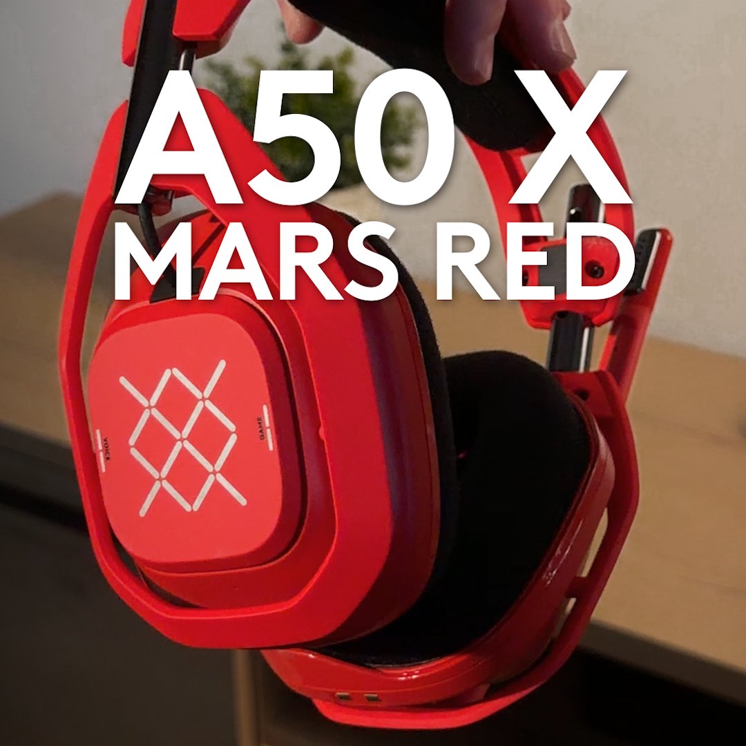 A vibrant red ASTRO A50 X gaming headset is held up, prominently featuring its iconic hexagonal logo on the ear cup, with bold text overlay reading "A50 X MARS RED." The striking colorway showcased aligns perfectly with the post's introduction of the new A50 X LIGHTSPEED Mars Red variant, highlighting its fresh aesthetic.