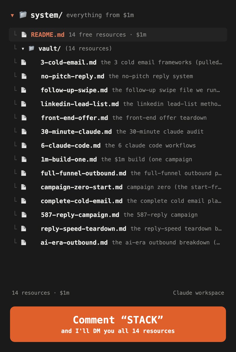 AaronxShepherd's tweet photo. i'm giving away the entire cold email systems powering 7.5m+ emails a month and 3,000+ booked calls a year.

it's the same folder we'd hand a new hire on day one.

our clients run them in agency, saas, and finance.

inside:

• the 3 cold email frameworks (pulled from 1.5m emails analyzed)
• our no-pitch reply system
• a follow-up swipe file we run on every campaign
• our linkedin lead-list method (15,000 leads at 1/3 of a cent each)
• a front-end offer teardown that broke our reply records
• a 30-minute claude audit that surfaces your winning campaigns
• 6 claude code workflows that replaced our cold email team
• the $1m build (one campaign, start to finish, done in claude)
• our full-funnel outbound playbook (the whole 90-day sequence)
• campaign zero (a start-from-scratch system)
• our complete cold email playbook (setup to first booked call)
•the 587-reply campaign, fully torn down
• the reply-speed teardown behind our fastest bookings
• an ai-era outbound breakdown + the 3 things still working

it's all in one folder

want it?

1. follow me
2. comment "STACK"

and i'll send the whole folder over.

p.s. RT this and i'll move your DM to the front.