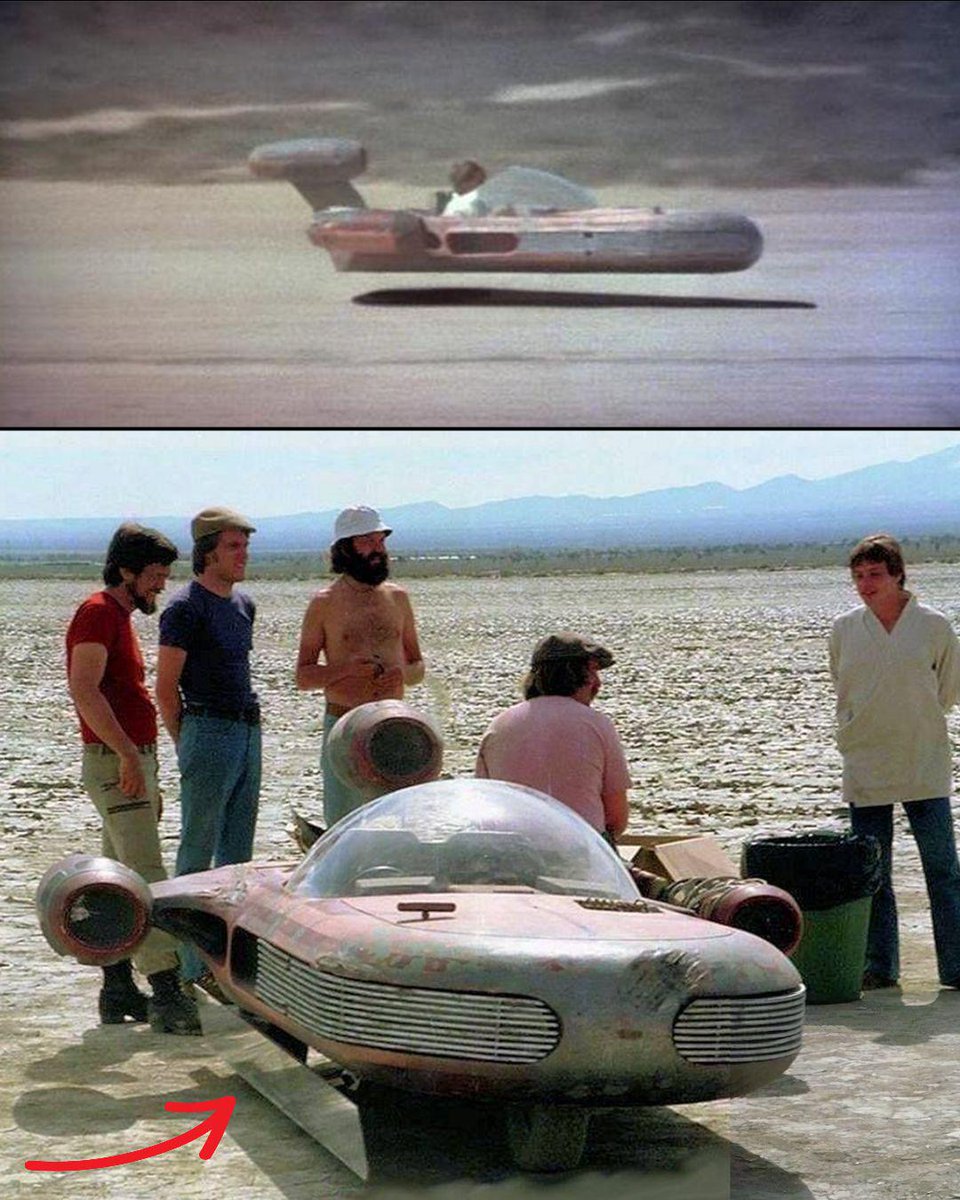 SciFiArchives's tweet photo. In ‘STAR WARS: A NEW HOPE’ (1977), Luke Skywalker’s landspeeder was made to appear as if it were floating using angled mirrors mounted along its sides.

The mirrors reflected the desert ground, hiding the wheels and creating the illusion without CGI. https://t.co/FFvsp4LNoz