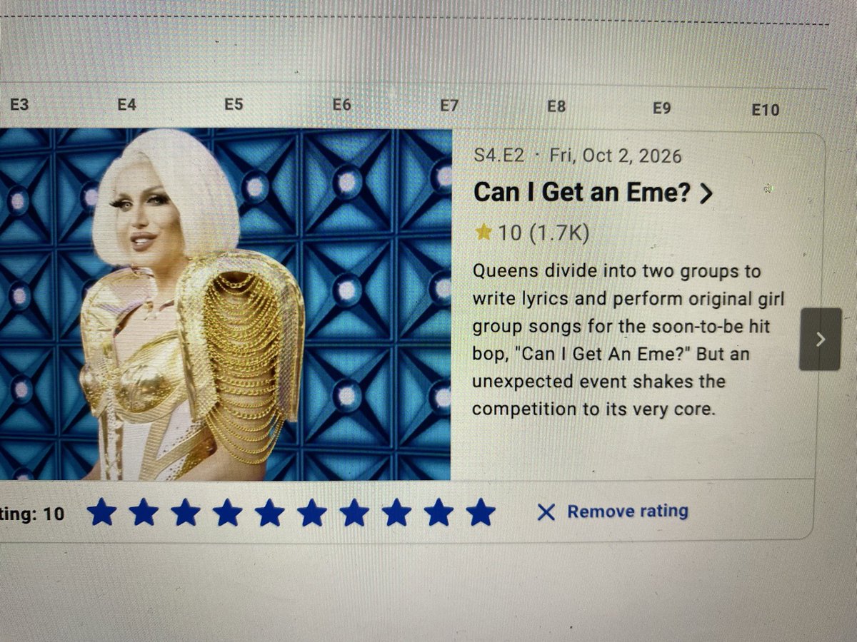 HedwigSnatchedt's tweet photo. Oh my! Perfect score na ang Can I Get An Eme sa IMDb! Walang eme! 10 out of 10! #DragRacePH #DragRacePhilippines https://t.co/kOOkMdPmTS