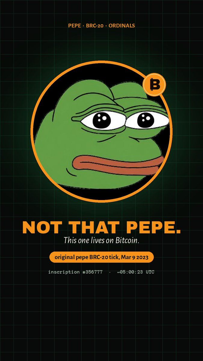Qyvrax's tweet photo. 🐸 Not that Pepe.

The one carved into Bitcoin
while the other was still in the group chat.

⚖️ Split test
• original pepe BRC-20 tick (Mar 9 2023)
• vs the ETH headline frog

👉 Reply THAT or THE OTHER https://t.co/fDjDrNJVb5