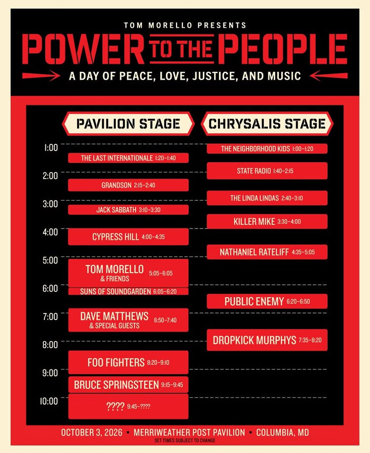 randebu's tweet photo. タイムスケジュール出てた！！
この後はCypress Hill。
このTom Morello &amp; FriendsでMike McCreadyやMatt Cameron,Serj Tankian出てくるってことかな。
Foo Fightersとボスまでなんとか起きてたい〜 https://t.co/Zva5gPMSRT