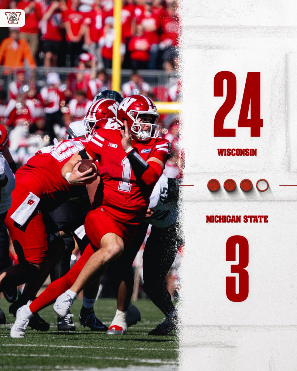 BadgerFootball's tweet photo. Badgers lead after three 👏 https://t.co/vJVeB4c2Pb