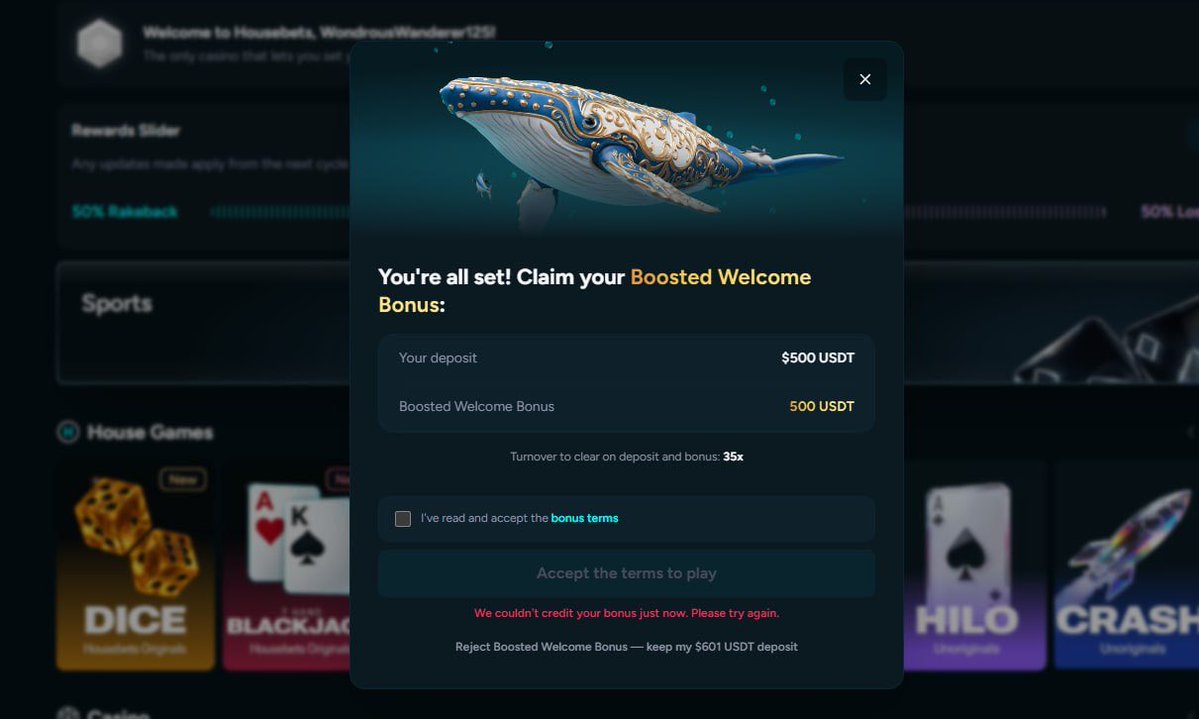 Gereeyu's tweet photo. @housebets As soon as the second wave launched, a welcome bonus was listed; I made a deposit, and then it stopped showing up. https://t.co/IKWAkzhJwH