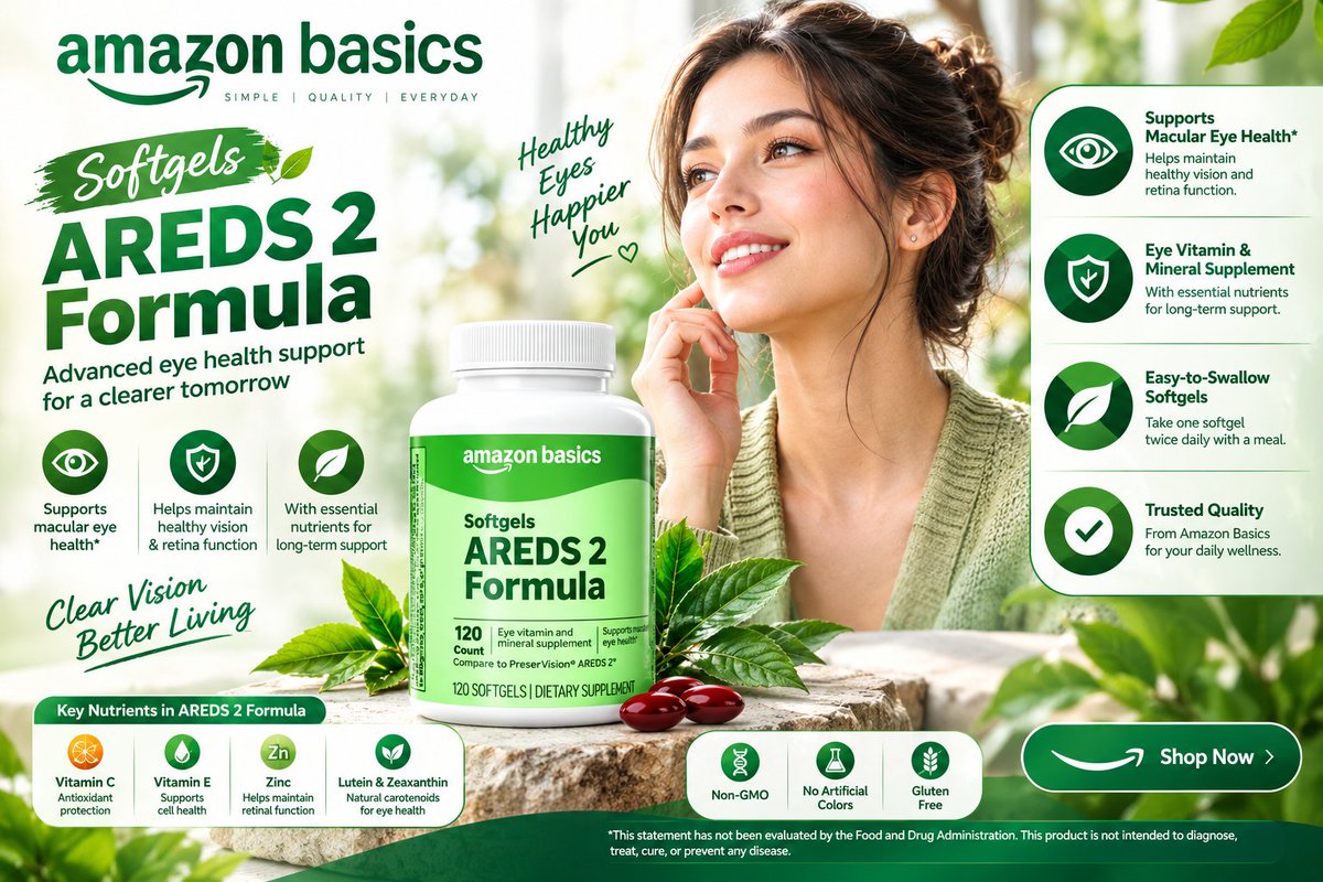 sayed_pk's tweet photo. 👁️✨ Daily Eye Nutrition Support
💊 Amazon Basics AREDS 2 Eye Supplement✔️ Lutein + Zeaxanthin✔️ Vitamins C &amp; E + Zinc + Copper✔️ 120 Softgels
🌿 Provides nutrients involved in eye health.
⭐ 4.4/5 Rating
🚨 Limited Stock!📩 Inbox Now to Order
🔗 https://t.co/xwKL9AHPo0 https://t.co/x8DPiJH4x4