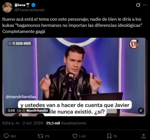 augustogrinner's tweet photo. Danann:
— Milei ensucia la palabra "liberalismo". Peronistas, hagamos algo: ustedes dejan de decir que "Milei es liberal" y nosotros dejamos de decir que "Alberto es peronista".

Mileístas:
— jajajaja danan es kuka!!!!!!1 no como pareja scioli y vera que son liberales!!! 🦁🦁