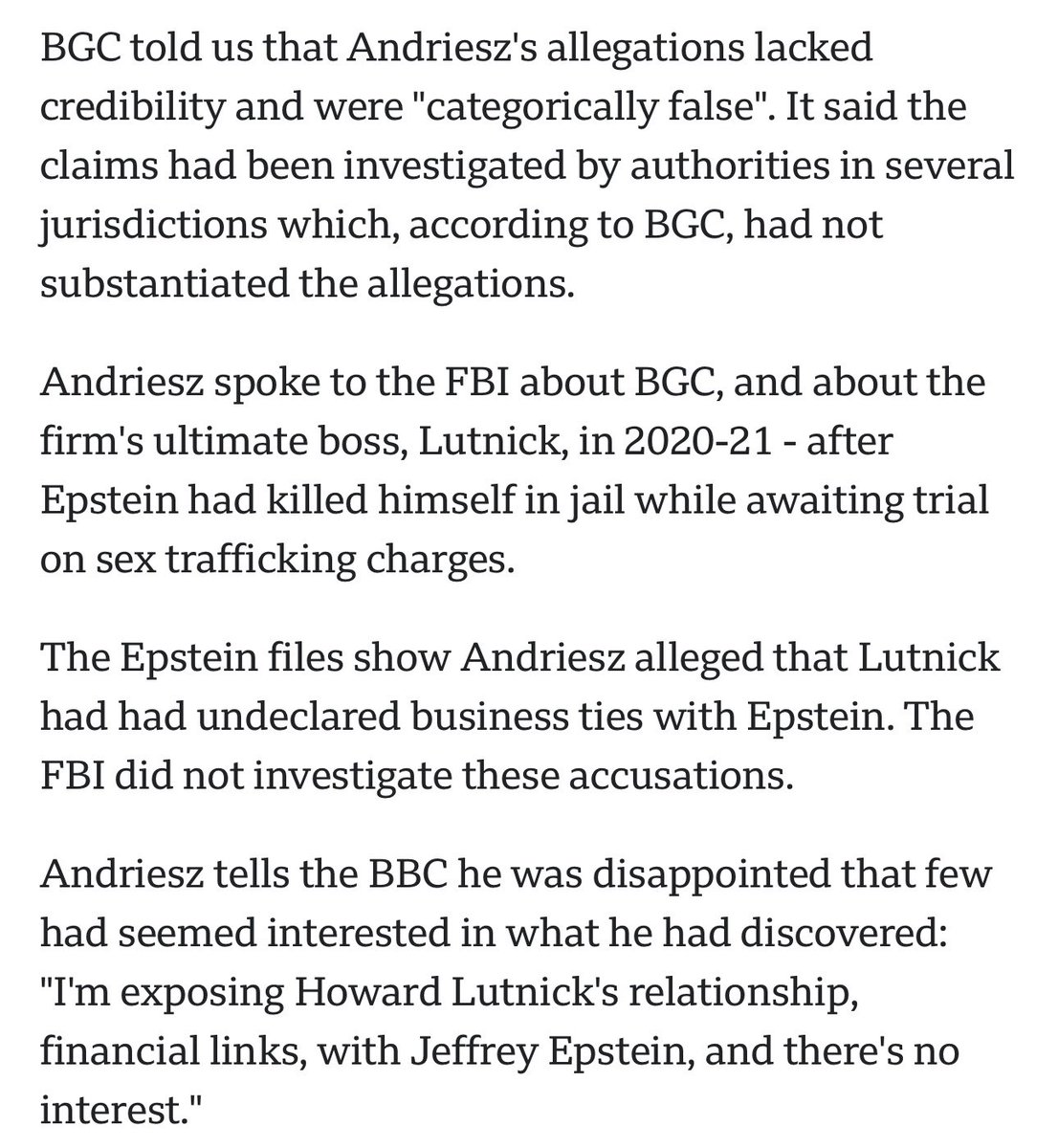 thallucination8's tweet photo. Former managing director at BGC Group/British banker-turned-whistleblower Simon Andriesz, the man who told the FBI about Lutnick/BGC’s “financial irregularities,” fraudulent 9/11 charity, and revealed Lutnick’s business partnership with Epstein in Adfin, has been found dead. https://t.co/tGEpQ60S9p