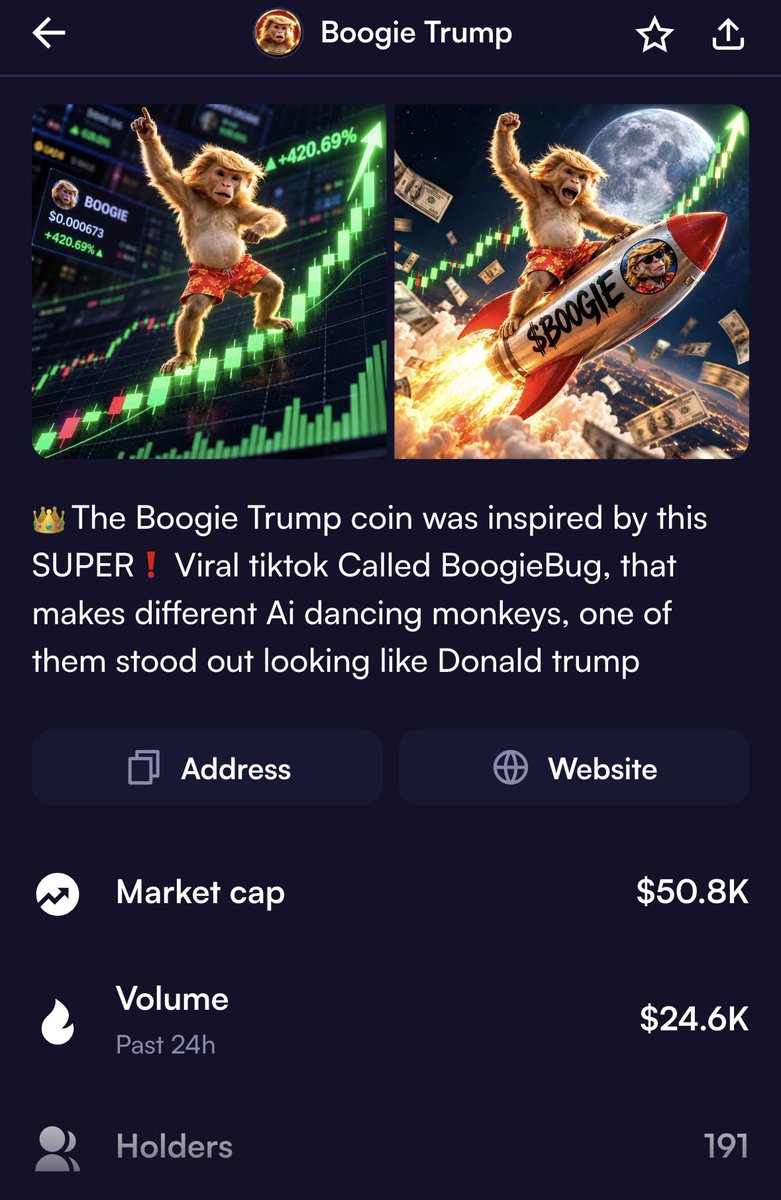 BoogieTrumpCoin's tweet photo. Less then 200 holders and we at a 50k market cap $BOOGIET
Project still so brand new guys small community’s always wins trust the process 
Check out Boogie Trump on Moonshot https://t.co/jT4WIjiVyq