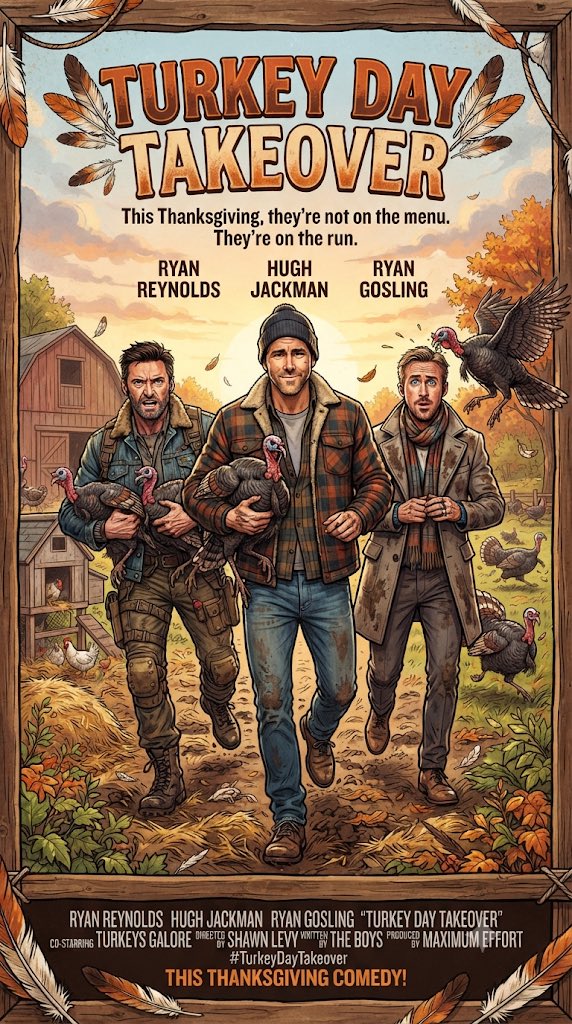 movierulez150's tweet photo. #Ai #AiArt #Concept #Poster #TurkeyDay #Takeover #RyanReynolds #HughJackman #RyanGosling #Thanksgiving #Turkey https://t.co/L10TSKzdW1