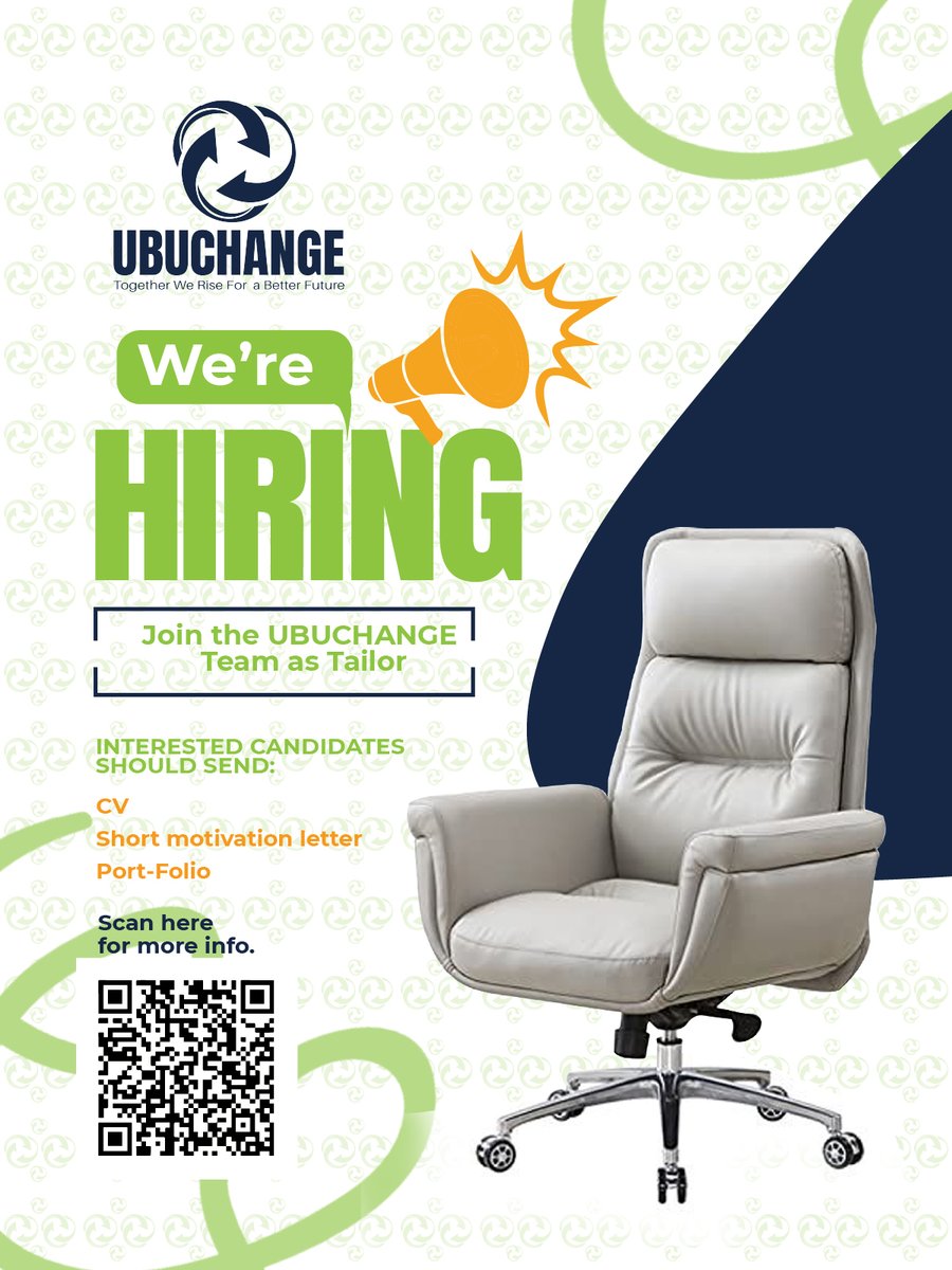 ubuchange's tweet photo. We’re Hiring!
UBUCHANGE is looking for a skilled &amp; committed Tailor to join our team and support the production of creative, quality products.
 Open to local people in Kyaka II
Deadline: 12 Oct 2026
CV + Motivation Letter + Portfolio
Apply online:
https://t.co/C0p48BjlhJ https://t.co/3WS3rrUVAn