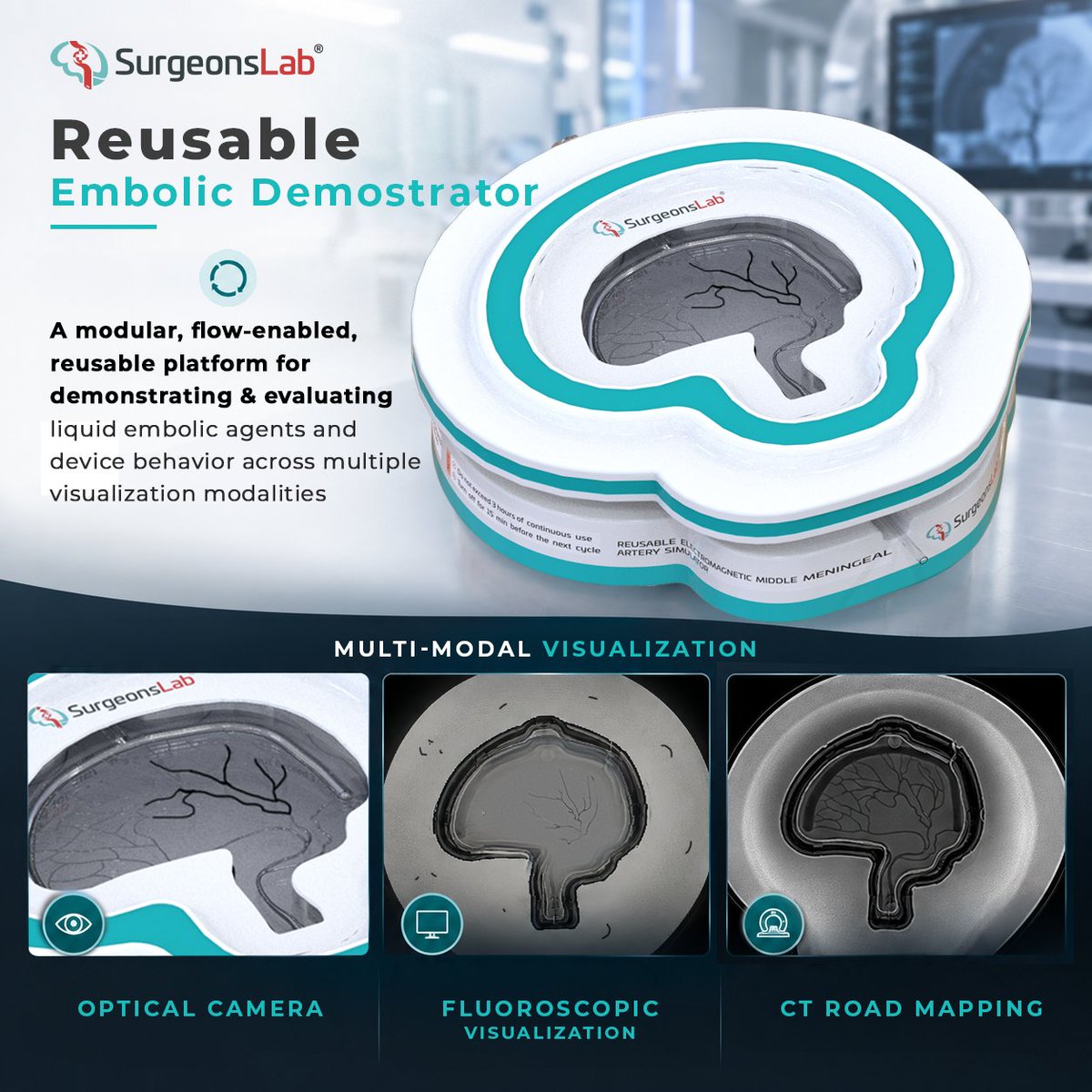 SurgeonsLab's tweet photo. Evaluating embolic penetration and reflux dynamics requires bridging direct bench-top observation with real-world clinical imaging.

The Reusable Embolic Demonstrator (RED) provides a single, flow-enabled platform supporting three distinct visualization modalities:

• Optical Camera: Real-time, transparent tracking of vessel filling, reflux patterns, and occlusion mechanics.

• Fluoroscopic: Seamless integration for embolic tracking and workflow evaluation in an angio suite

• CT road mapping: High-resolution cross-sectional computed tomography imaging for detailed 3D volumetric assessment.

Pairing quick-swap pathology modules with multi-modal compatibility gives R&D and clinical teams a cost-controlled setup to validate embolic behavior from benchtop to angio suite.

#Endovascular #Neuroradiology #LiquidEmbolics #SurgeonsLab #MedicalDeviceTesting #Neurointerventions