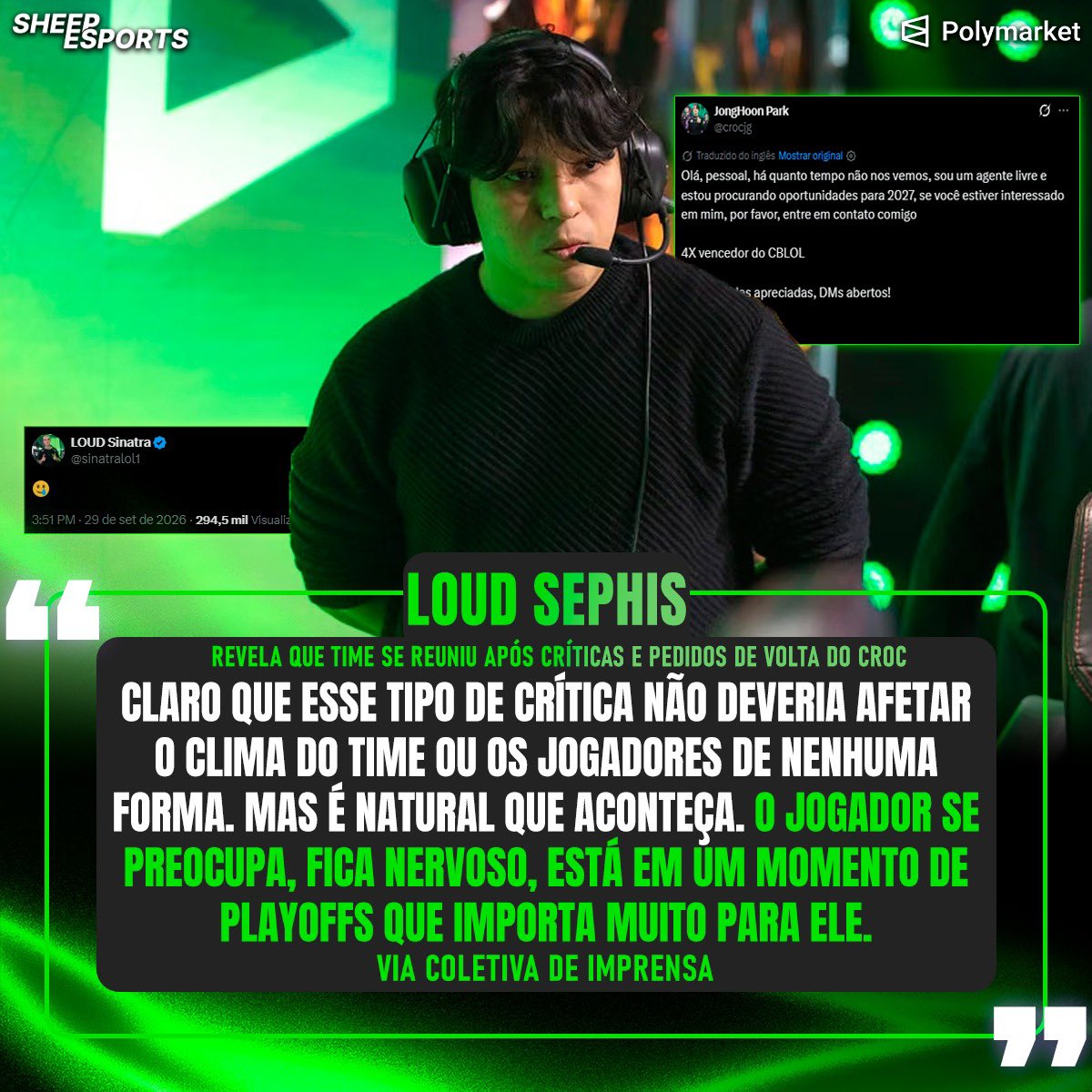 SheepEsportsBR's tweet photo. 🇧🇷 LOUD Sephis revela que time se reuniu após críticas e torcedores pedindo a volta do 🇰🇷 Croc para a equipe. 

"Críticas são um processo natural. Os fãs vão criticar, e teve aquele momento do Croc também na última semana. A gente teve uma conversa em time, para ser sincero. 

Claro que esse tipo de crítica não deveria afetar o clima do time ou os jogadores de nenhuma forma. Mas é natural que aconteça. Às vezes, o jogador se preocupa, fica nervoso, está em um momento de playoffs que importa muito para ele. 

Então, já está um pouquinho mais estressado naturalmente. Acho importante que o time apoie os jogadores, que a comissão técnica e os próprios jogadores se apoiem. 

Não vou dizer que isso afetou diretamente os jogadores hoje. Não acho que tenha relação com o resultado. Acho que todo mundo se apoiou nesse sentido, para não deixar que essas questões os afetassem de alguma forma durante os treinos ou no dia do jogo."