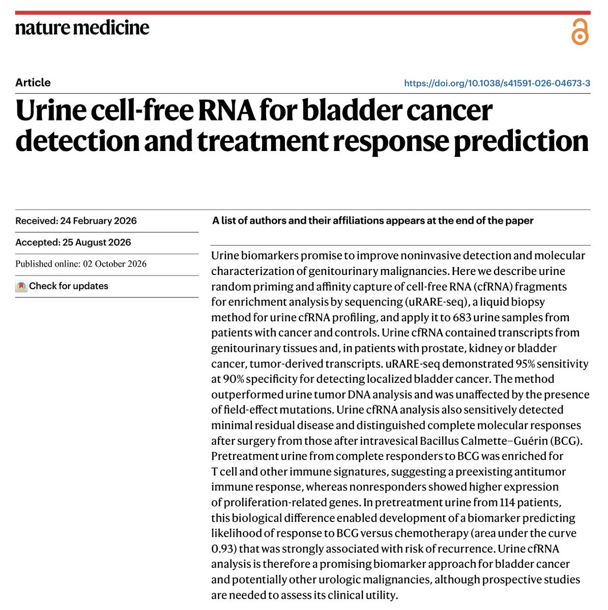 DrYukselUrun's tweet photo. Urine cfRNA is emerging as a powerful bladder cancer biomarker: 95% sensitivity at 90% specificity, with potential for MRD detection and BCG-response prediction. 
Prospective validation comes next. @NatureMedicine @OncoAlert @OpenMedicineHQ @isliquidbiopsy https://t.co/kTypOlX8dd