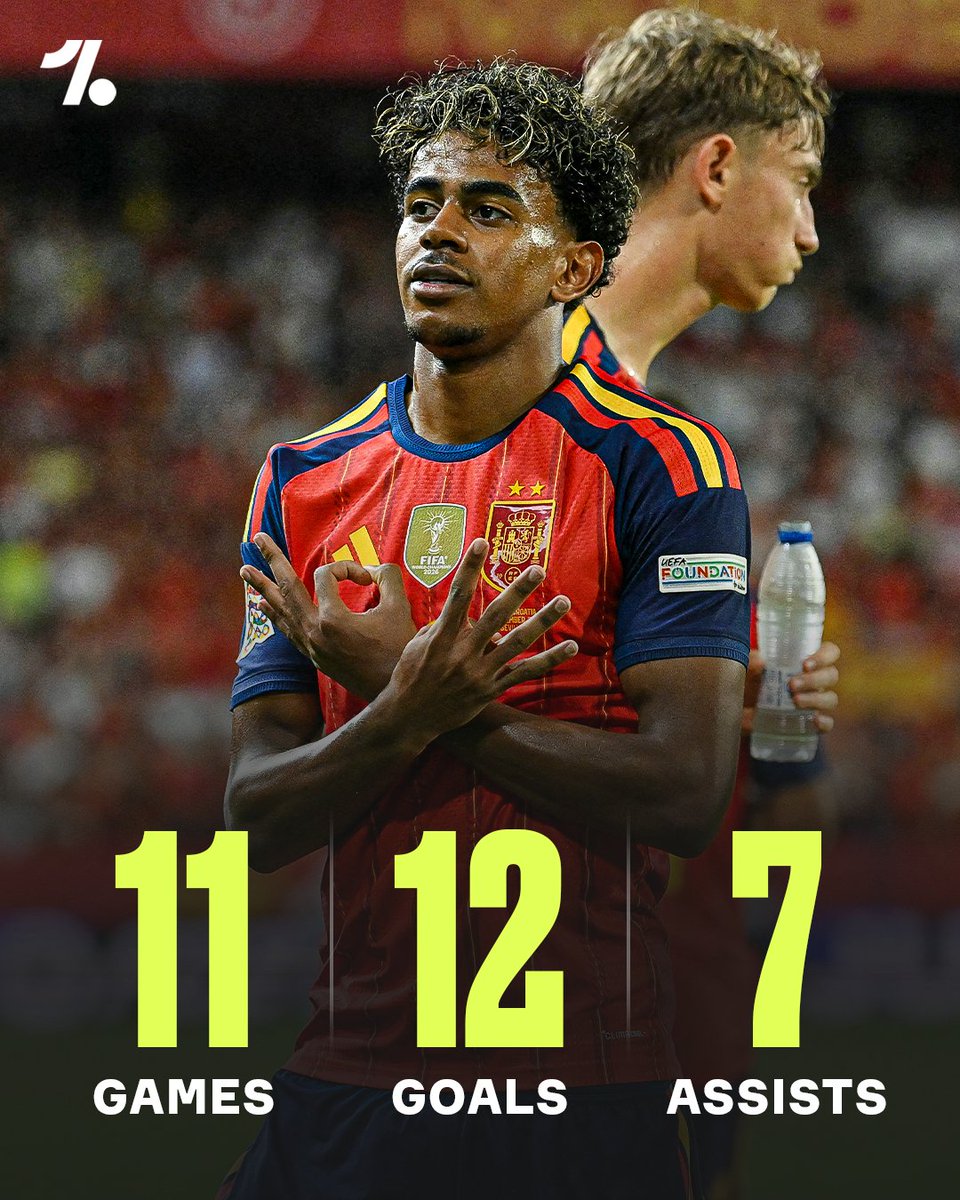 OneFootball's tweet photo. Lamine Yamal has 19 goal involvements in just 11 games for Barcelona and Spain so far this season 😱✨🇪🇸 https://t.co/qpRKGYxoLv