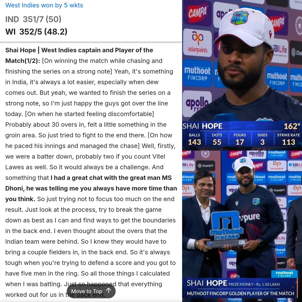 Shebas_10dulkar's tweet photo. Shai Hope in Today’s Presentation Ceremony specifically credited MS Dhoni’s advice for helping him chase this huge target:

#INDvsWI https://t.co/6O8V0u7pE4