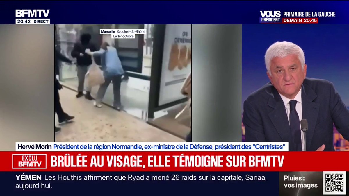 A BFM TV broadcast from 20:42 features an interview with Hervé Morin, identified on-screen as President of the Normandy region and former Minister of Defense, who discusses school violence while an inset video shows a CCTV clip labeled "Marseille Bouches-du-Rhône Le 1er octobre" depicting a physical altercation at a school entrance. The headline banner reads "BRÛLÉE AU VISAGE, ELLE TÉMOIGNE SUR BFMTV" referencing a female victim testifying about being burned, with additional news ticker information about Yemen Houthi raids.
