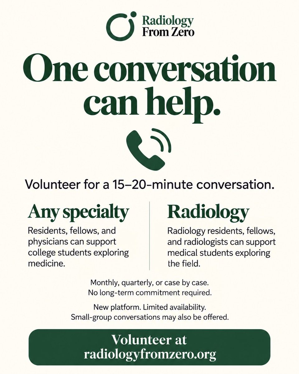 Troyng99's tweet photo. Introducing Radiology From Zero: free guides and mentor conversations for medical students exploring radiology and college students exploring medicine.

Residents, fellows &amp; physicians: volunteer for a 15–20 min conversation. Please share!

https://t.co/fCQDnAv5Jb https://t.co/skk9KdzUlD