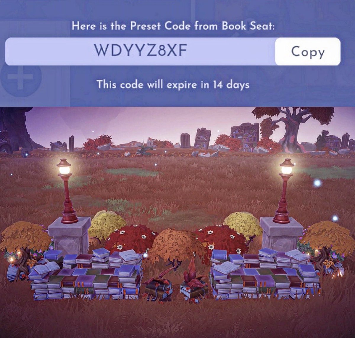 SlevShow's tweet photo. New preset…”Cozy Storybook Seating” 📚 This build is in my Vale 🍁 Hope u all enjoy using this comfy seating and grab urself a good story 📖 @DisneyDLV 🪄 (Expires 10.17.26)

#DisneyDreamLightValley #DDLVCommunity #DDLV https://t.co/GfjaFFNaKy