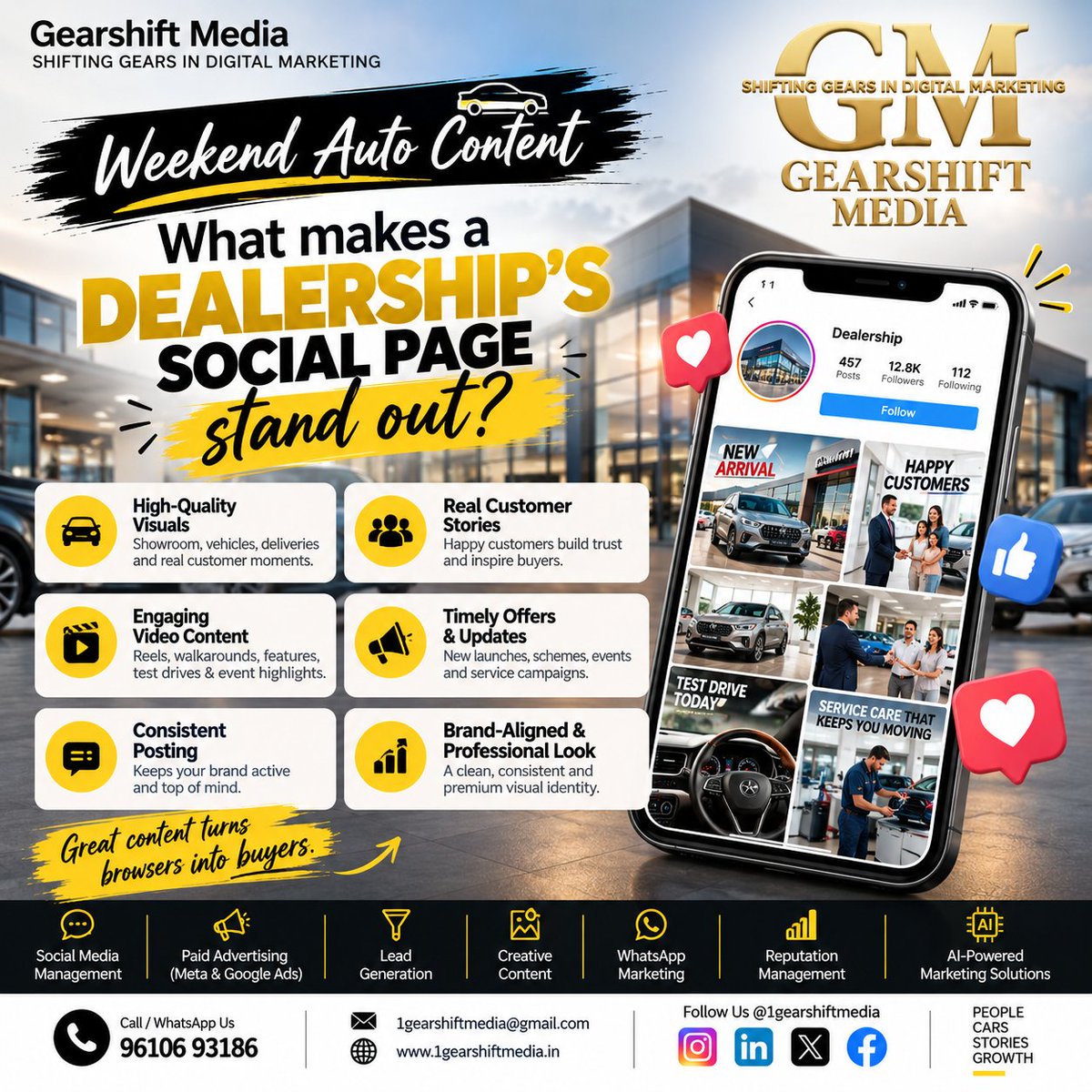 1GearshiftMedia's tweet photo. 🚗 What makes a dealership’s social page stand out?

Great visuals. Real customer stories. Engaging videos. Consistent content. A clear strategy.

Great content turns browsers into buyers.

#GearshiftMedia #AutomotiveMarketing #DigitalMarketing https://t.co/OF9hDqd5bF