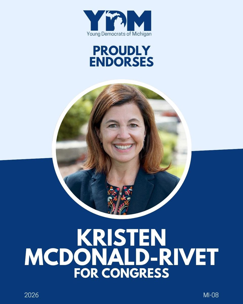 YoungDemsMI's tweet photo. YDM proudly endorses @McdonaldRivet as she seeks re-election in #MI08! https://t.co/biX4gHilQw