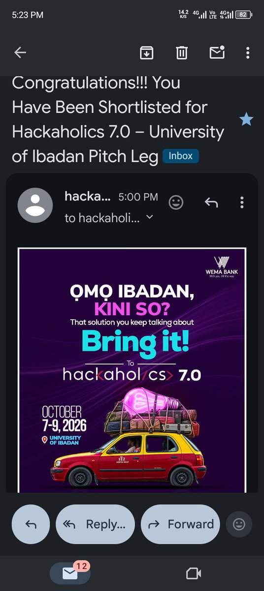 Apex_Dev1's tweet photo. Omo, Ibadan we're coming! 🚗💡
CodeLoom Labs has been shortlisted for the Pitch Leg of #Hackaholics7 at @UI_Ibadan. Oct 7–9, we're bringing the solution. 🔥
#WemaBank #NigerianTech #Hackathon https://t.co/nDP69fg5HA