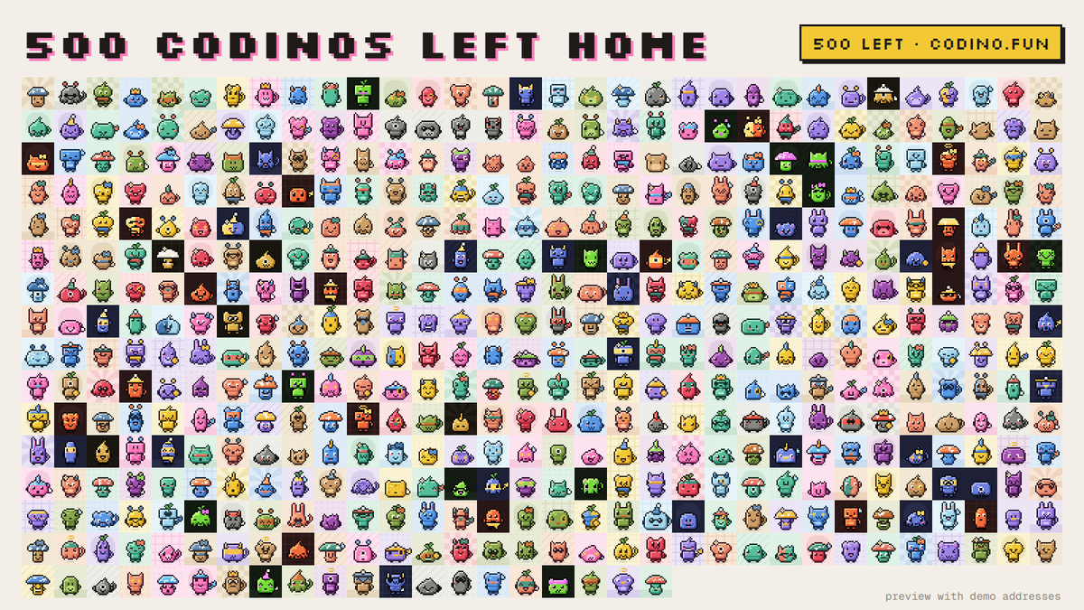 CodinoSol's tweet photo. Halfway. 500 codinos minted, only 500 left.

Gen 1 is free, one per wallet.

When it's over, expeditions open.

https://t.co/XSELaDE9i7 https://t.co/TPjKORVLjZ