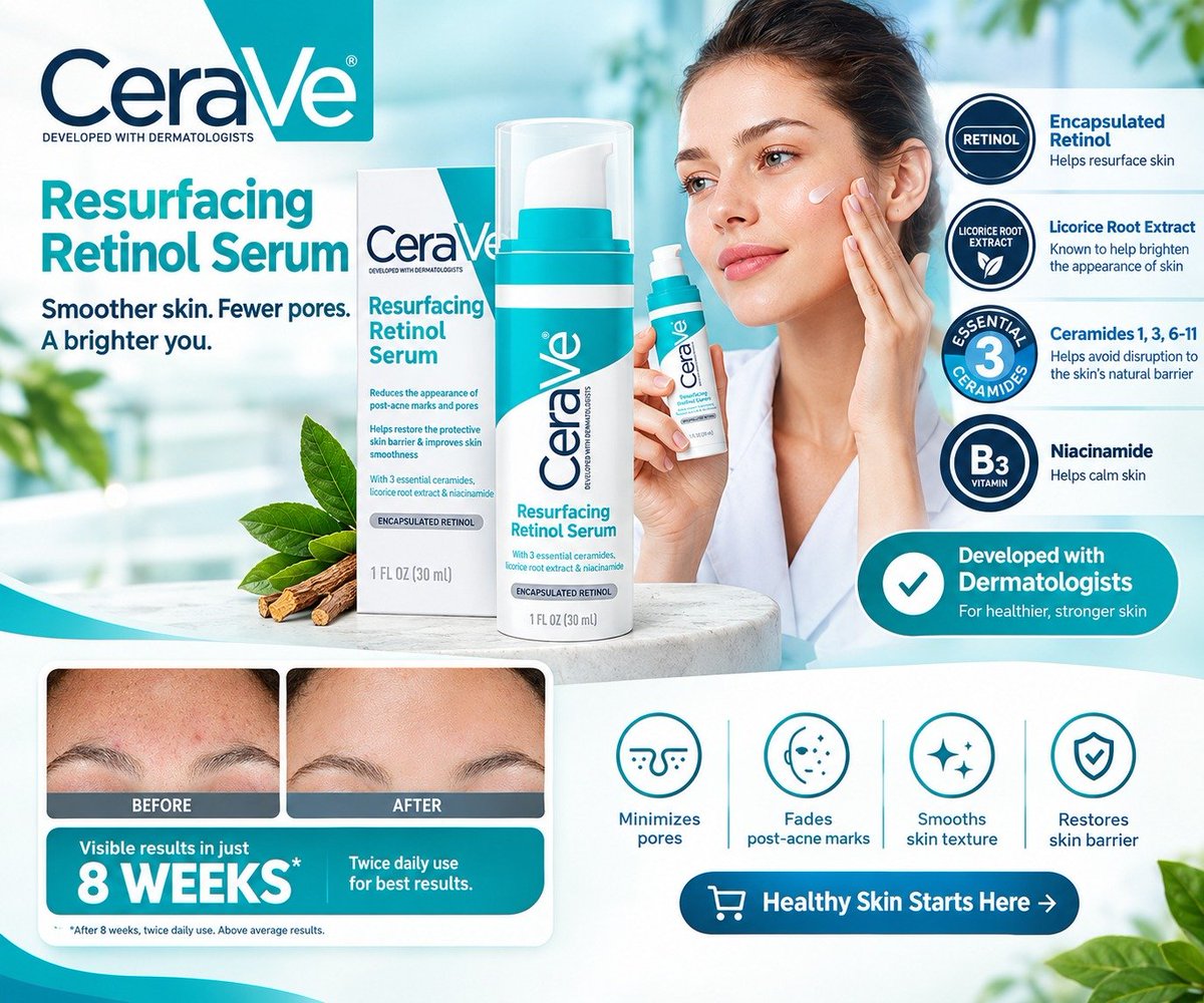 sayed_pk's tweet photo. ✨ ELEVATE YOUR SKINCARE ROUTINE ✨
Discover the power of CeraVe Resurfacing Retinol Face Serum — a lightweight, fragrance-free serum formulated with Retinol, Niacinamide, Ceramides &amp; Licorice Root Extract. 🤍
⭐ Customer Rating: 4.6/5
🔗 Product Details:https://t.co/fiqp9l2V7R https://t.co/DItnib8Vqi