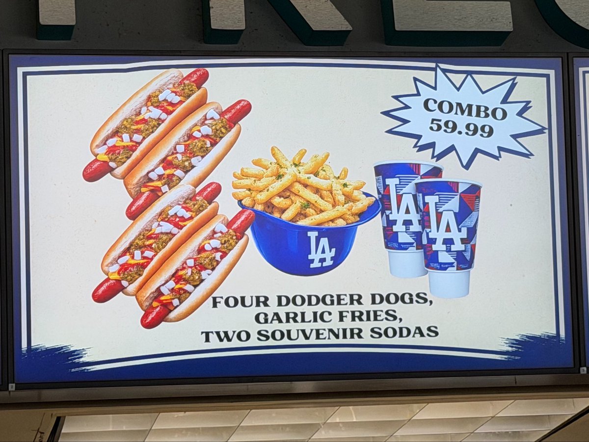 ArashMarkazi's tweet photo. Some of the meal deals at Dodger Stadium: 

Wing Sampler: $89.99
Hello Kitty Collector’s Popcorn: $59.99
Hot Dog Combo: $59.99
Nacho Combo: $34.99 https://t.co/ms5CDsuWgY