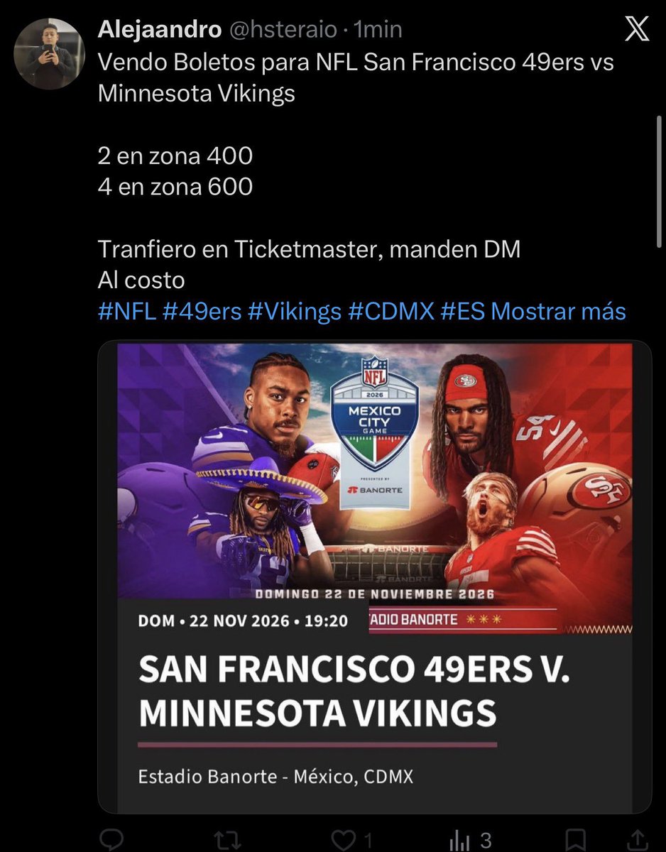 NieBrendaa's tweet photo. ESTAFA 

@Nirusoe antes @hsteraio @Aletst12 @Llbetysi @Aile5647 @Aletyarq y @Hermostraskell ESTAFA BOLETOS NFL México San Francisco 49ers vs Minnesota Vikings

SUS REDES Y FAMILIA NO TIENE BOLETO
#49ers #Vikings #ESTADIOBANORTE #MexicoCityGame #EstadioBanorte  #MinnesotaVikings https://t.co/a8iW0ig6Nx