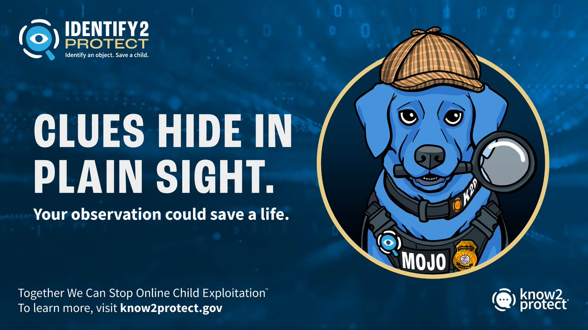 Know2Protect's tweet photo. Meet Captain Canine Mojo, Project iGuardian's online safety ambassador. Mojo works with @HSI_HQ investigators to help Know2Protect educate parents, trusted adults, kids and teens about staying safe online.

Now Mojo is lending a paw to #Identify2Protect, which gives humans an opportunity to recognize clues that could help investigators identify and protect a child.

Visit Identify2Protect under the Take Action tab on https://t.co/fWy0e1MI4d to learn more: https://t.co/Z4EvDf86qo