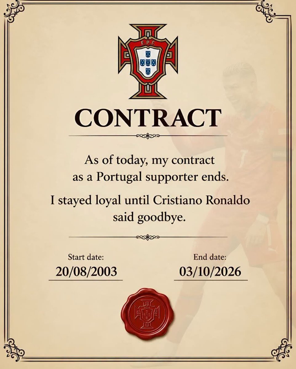 Madridpulse0's tweet photo. 🚨𝐎𝐅𝐅𝐈𝐂𝐈𝐀𝐋LY CONFIRMED: 𝐌𝐘 𝐂𝐎𝐍𝐓𝐑𝐀𝐂𝐓 𝐀𝐒 𝐀 𝐏𝐎𝐑𝐓𝐔𝐆𝐀𝐋 𝐒𝐔𝐏𝐏𝐎𝐑𝐓𝐄𝐑 𝐇𝐀𝐒 𝐄𝐍𝐃𝐄𝐃. 🇵🇹😂

📅 𝐒𝐓𝐀𝐑𝐓 𝐃𝐀𝐓𝐄: 𝟐𝟎 𝐀𝐔𝐆𝐔𝐒𝐓 𝟐𝟎𝟎𝟑
📅 𝐄𝐍𝐃 𝐃𝐀𝐓𝐄: 𝐎𝐂𝐓𝐎𝐁𝐄𝐑 𝟐𝟎𝟐𝟔

𝐑𝐄𝐀𝐒𝐎𝐍 𝐅𝐎𝐑 𝐒𝐈𝐆𝐍𝐈𝐍𝐆: 𝐂𝐑𝐈𝐒𝐓𝐈𝐀𝐍𝐎 𝐑𝐎𝐍𝐀𝐋𝐃𝐎. 🐐
𝐑𝐄𝐀𝐒𝐎𝐍 𝐅𝐎𝐑 𝐒𝐓𝐀𝐘𝐈𝐍𝐆: 𝐂𝐑𝐈𝐒𝐓𝐈𝐀𝐍𝐎 𝐑𝐎𝐍𝐀𝐋𝐃𝐎.
𝐑𝐄𝐀𝐒𝐎𝐍 𝐅𝐎𝐑 𝐋𝐄𝐀𝐕𝐈𝐍𝐆: …𝐘𝐎𝐔 𝐀𝐋𝐑𝐄𝐀𝐃𝐘 𝐊𝐍𝐎𝐖. 😭

𝐀𝐌 𝐈 𝐓𝐇𝐄 𝐎𝐍𝐋𝐘 𝐎𝐍𝐄❓

#cristianoronaldo #cr7 #messi #portugal #realmadrid