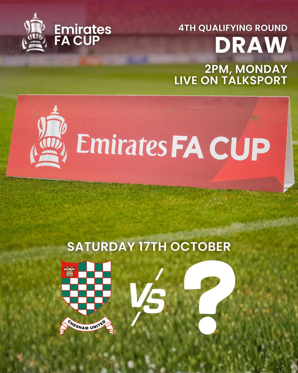 cheshamutdfc's tweet photo. The Emirates FA Cup Fourth Round Qualifying draw will be made live on talkSPORT at around 2pm on Monday 5 October
We will join 39 other winners from this weekend plus the 24 National League Step 1 sides in the draw with a North/South split https://t.co/pP4F7sQIb5