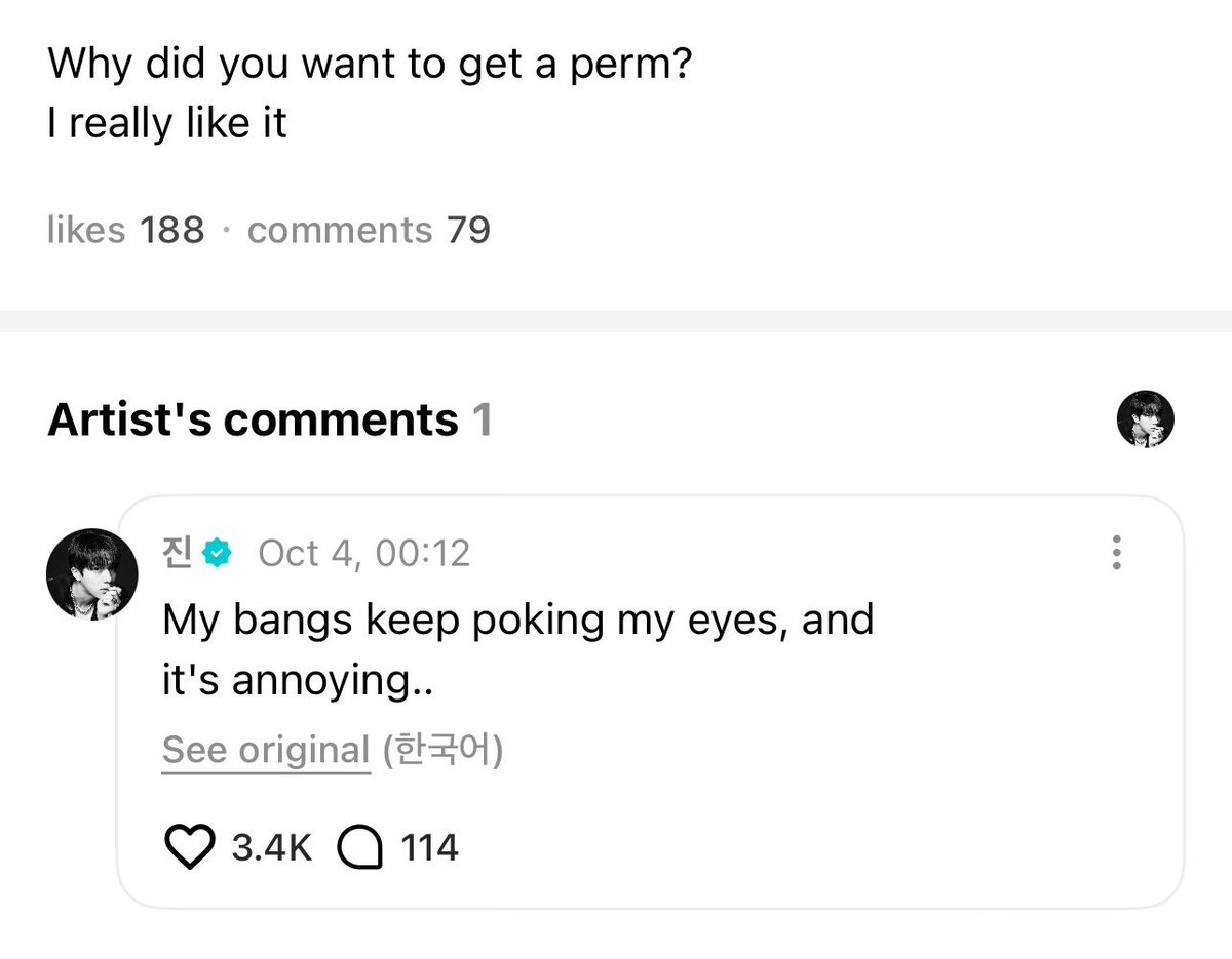_BTSMoments's tweet photo. [🌟 WEVERSE] 

#Jin left a comment under ARMYs weverse post.. (4)

🐹 My bangs keep poking my eyes, and it's annoying.. https://t.co/eRbtL7R1NZ