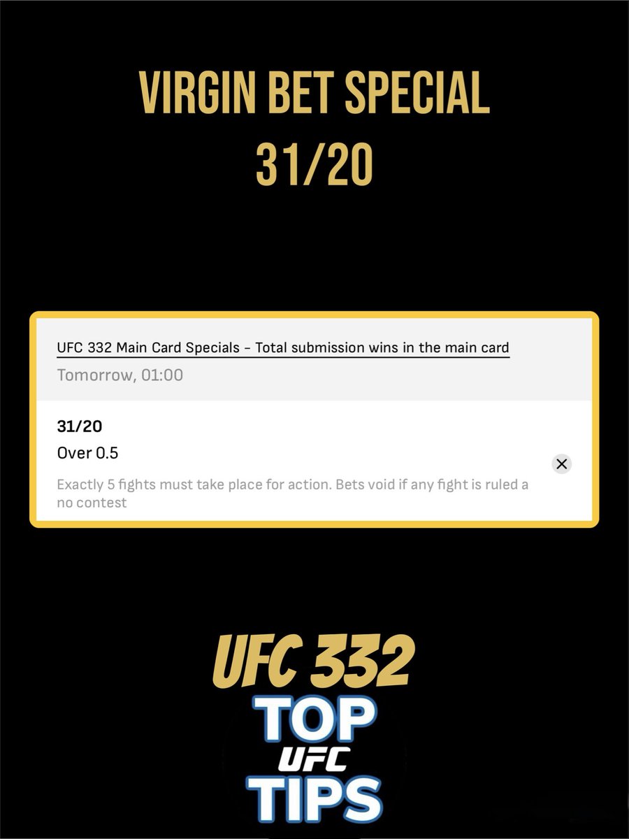UFCtoptips's tweet photo. @VirginBet doing a solid here. A submission victory in the main event is over evens!! #UFC332 https://t.co/6sOfyGH0Vf